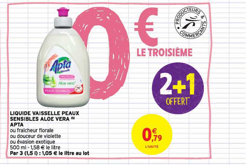 liquide vaisselle peaux sensibles aloe vera   apta 2+1 offert
