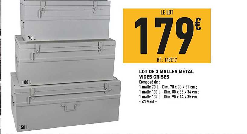 lot de 3 malles métal vides grises