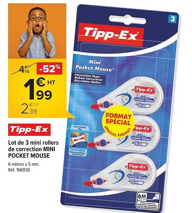 lot de 3 mini rollers de corretion mini pocket mouse tipp ex