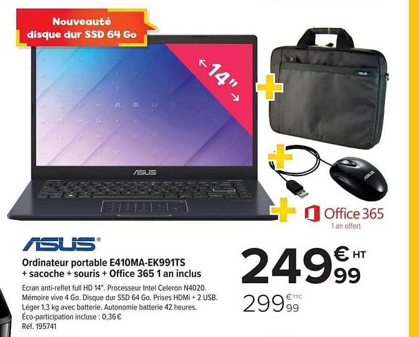 ordinateur portable asus e410ma ek991ts + sacoche + souris + office 365 1 an inclus