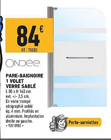 pare baignoire 1 volet verre sablé ondée