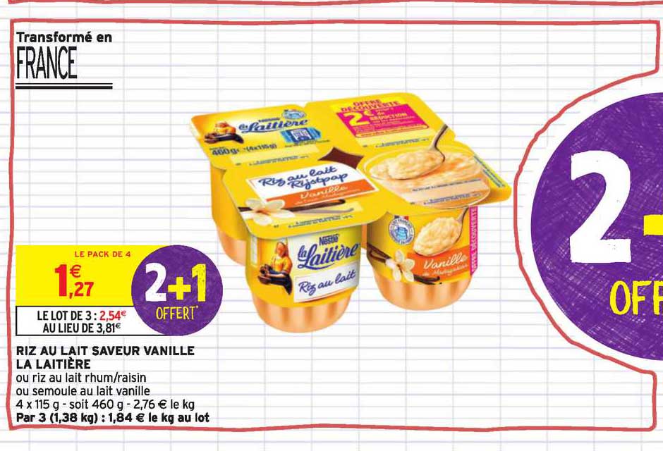 Riz Au Lait Saveur Vanille La Laitière 2+1 Offert