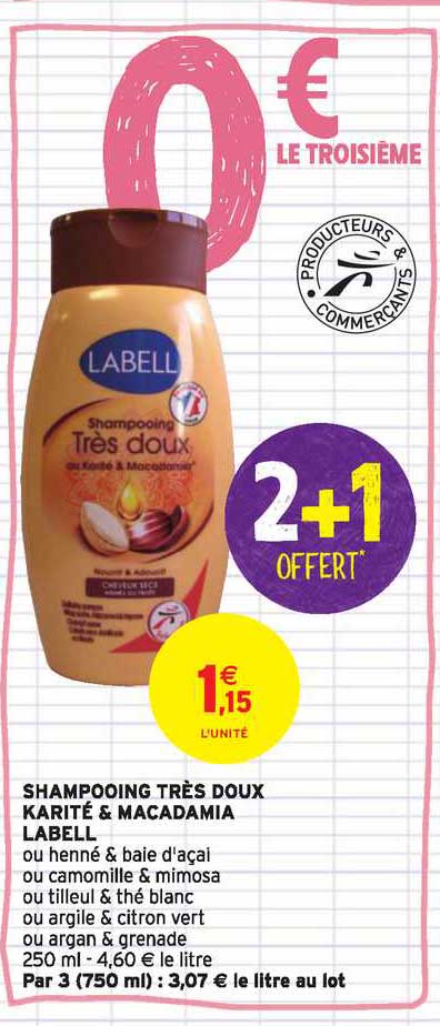 shampooing très doux karité & macadamia labell 2+1 offert
