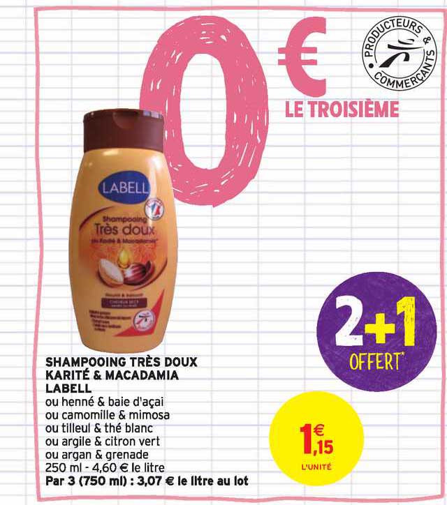 shampooing très doux karité & macadamia labell  2+1 offert