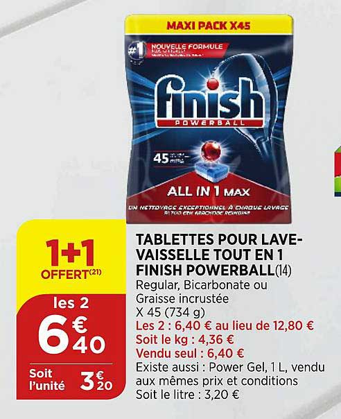 tablettes pour lave vaisselle tout en 1 finish powerball 1+1 offert