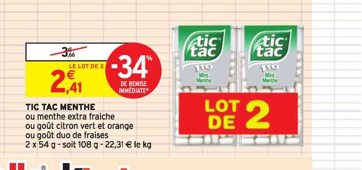 tic tac menthe -34% de remise immédiate