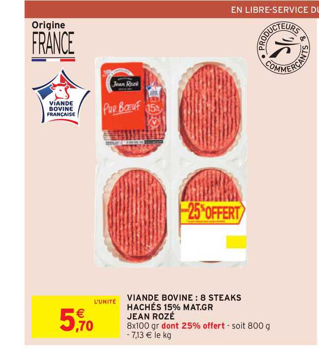 viande bovine 8 steaks hachés 15% mg jean rozé