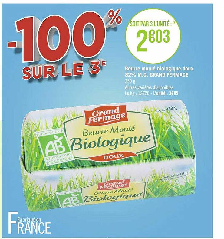 beurre moulé biologique doux 82% m.g. grand fermage