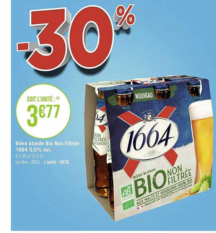 bière blonde bio non filtrée 1664 5,5% vol.
