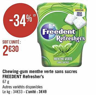 chewing-gum menthe verte sans sucres freedent refresher's