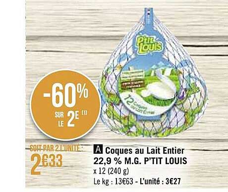 coques au lait entier 22,9% m.g. p'tit louis