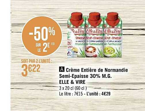 crème entière de normandie semi-épaisse 30% m.g. elle & vire