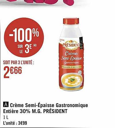 crème semi-épaisse gastronomique entière 30% m.g. président
