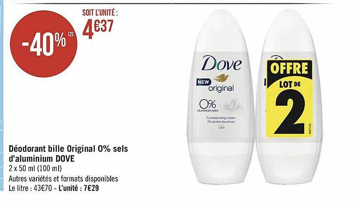 déodorant bille original 0% sels d'aluminium dove