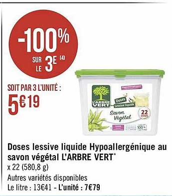 doses lessive liquide hypoallergénique au savon végétal l'arbre vert