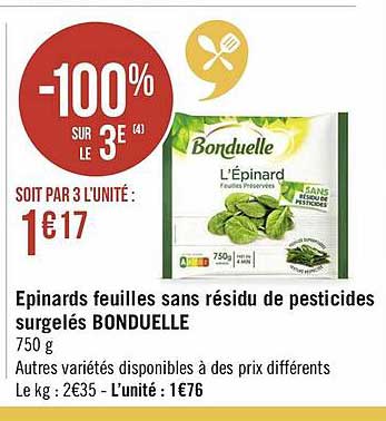 épinards feuilles sans résidu de persticides surgelés bonduelle