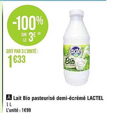 lait bio pasteurisé demi-écrémé lactel