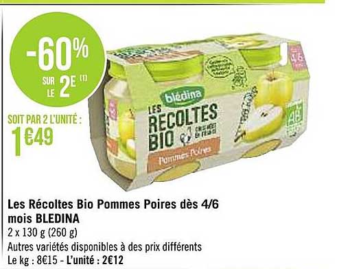 les récoltes bio pommes poires dès 4-6 mois blédina
