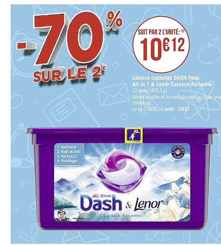 lessive capsules dash pods all in 1 & lenor caresse aérienne