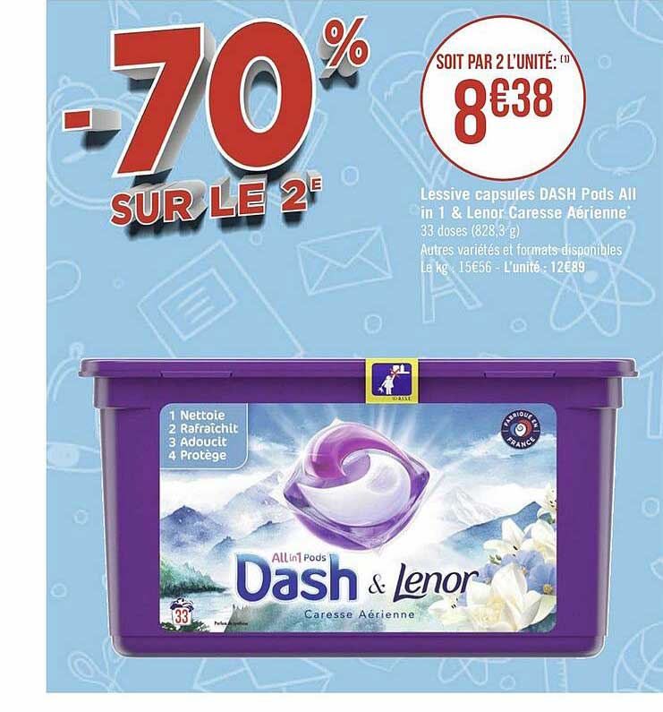 lessive capsules dash pods all in 1 & lenor caresse aérienne