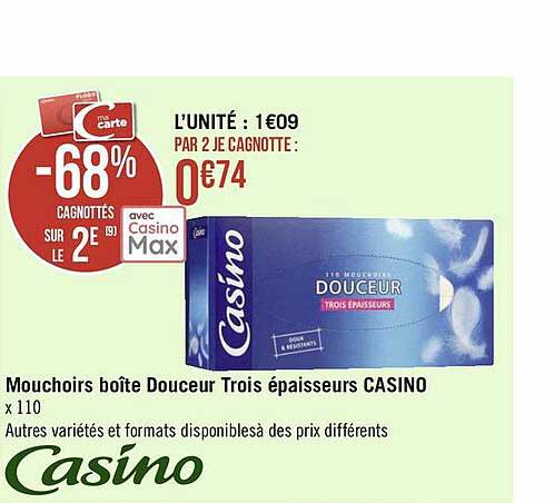 mouchoirs boîte douceur trois épaisseurs casino