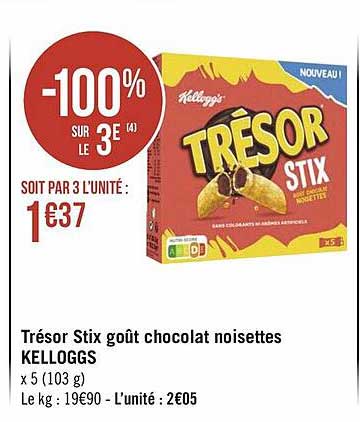 trésor stix goût chocolat noisettes kelloggs