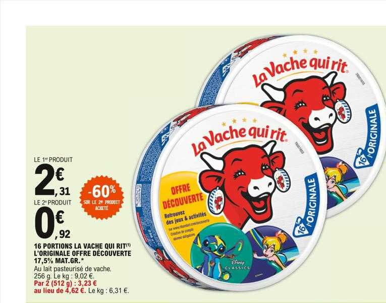 16 portions la vache qui rit l'originale offre découverte 17.5% mat gr -60% sur le 2e produit acheté