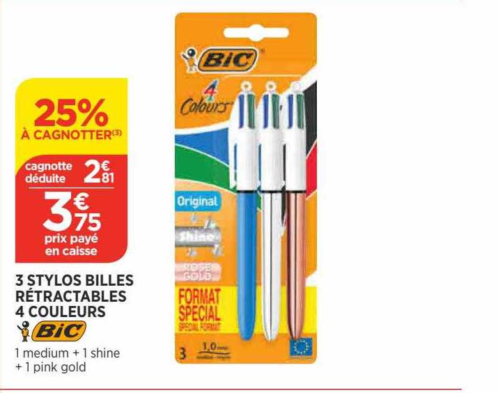 3 Stylos Billes Rétractables 4 Couleurs Bic