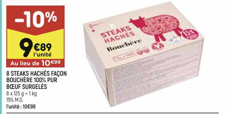 8 steaks hachés façon bouchère 100% pur bœuf surgelés