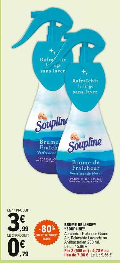 brume de linge "soupline" -80% sur le 2e produit acheté
