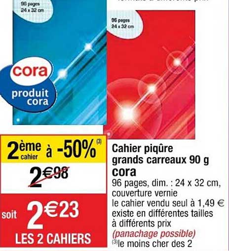 cahier piqûre grand carreaux 90g cora
