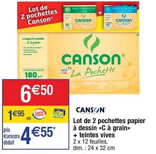 Canson Lot De 2 Pochettes Papier à Dessin "c à Grain" + Teintes Vives