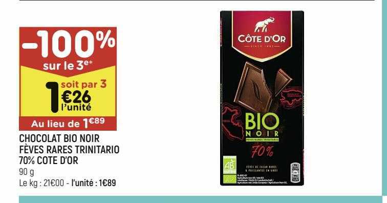 chocolat bio noir fèves rares trinitario 70% cote d'or -100% sur le 3e