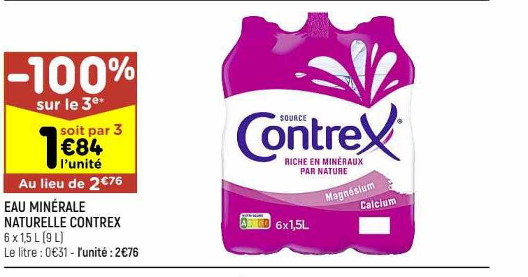 eau minérales naturelle contrex -100% sur le 3e