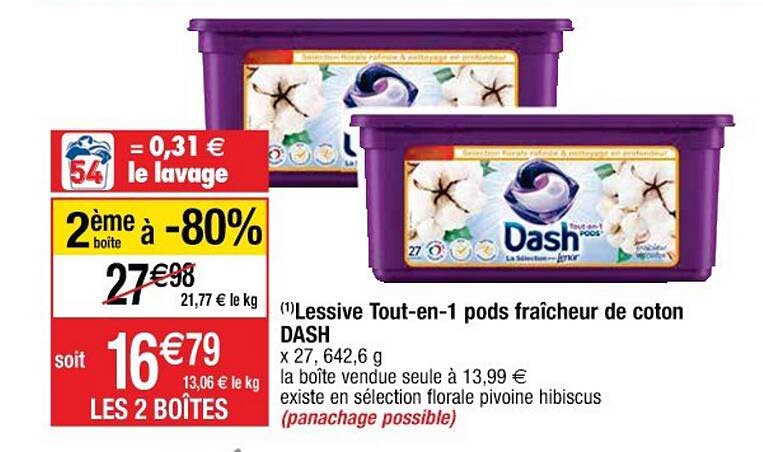 lessive tout-en-1 pods fraîcheur de coton dash