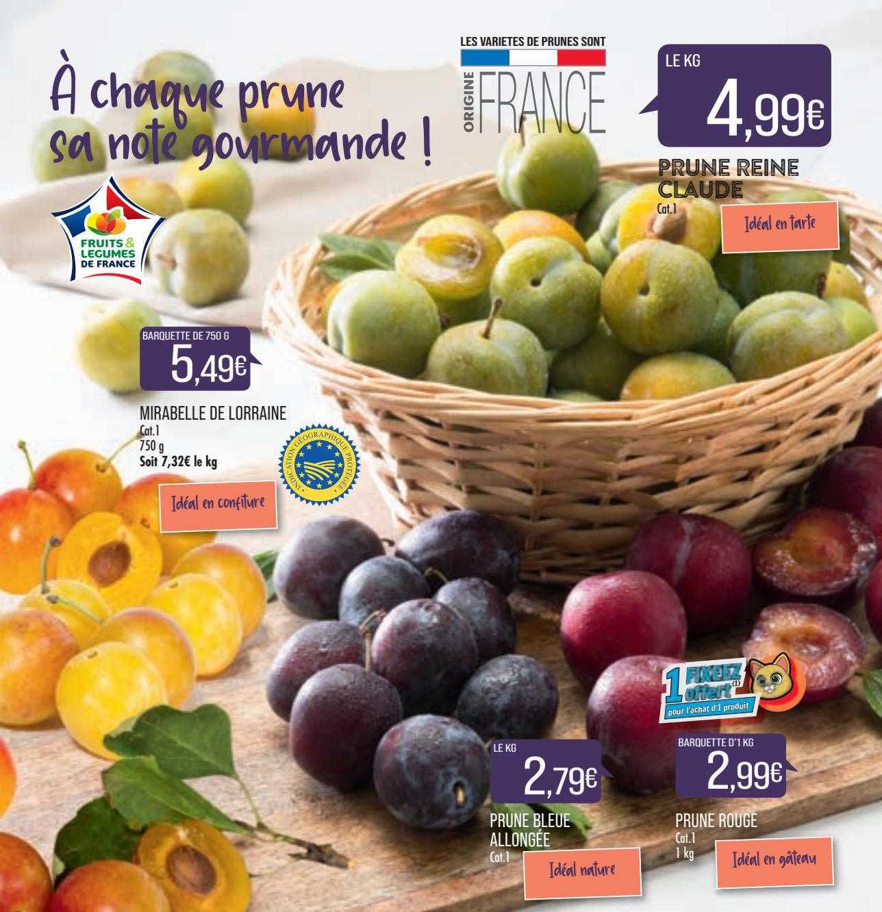 mirabelle de lorraine, prune bleue allongée, prune rouge, prune reine claude