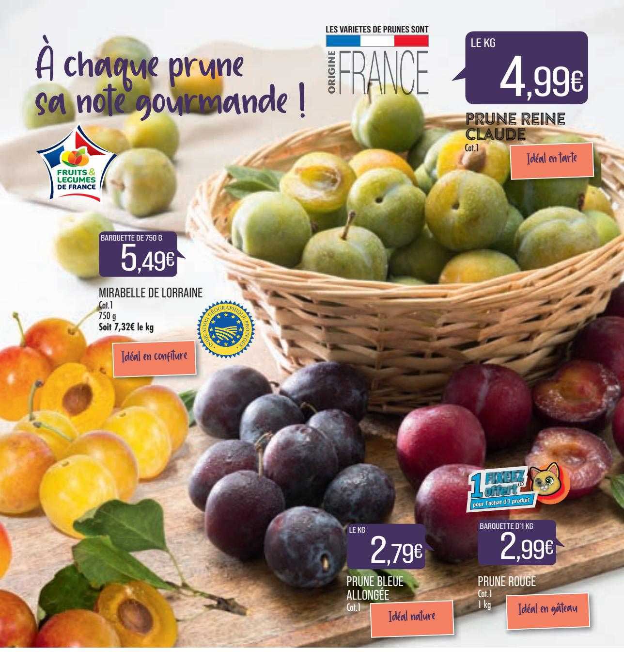 mirabelle de lorraine, prune bleue allongée, prune rouge, prune reine claude