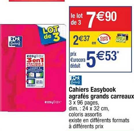 oxford cahiers easybook agrafés grands carreaux