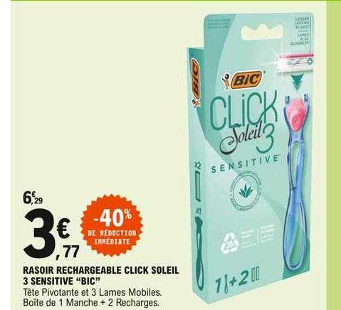 rasoir rechargeable click soleil 3 sensitive "bic" -40% de réduction immédiate