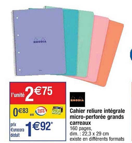 rhodia cahier reliure intégrale micro-perforée grands carreaux