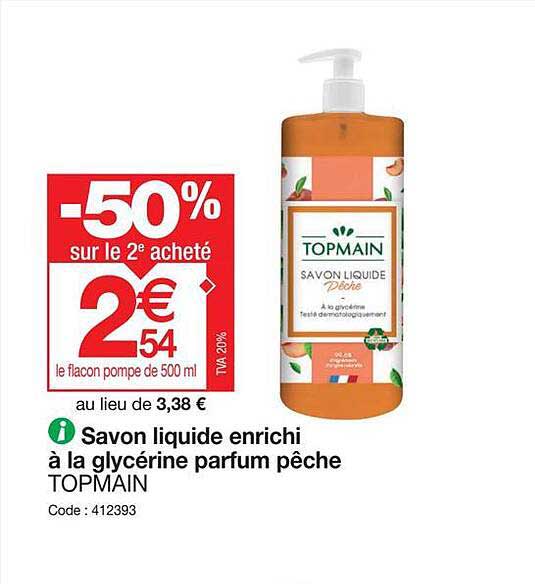 savon liquide enrichi à la glycérine parfum pêche topmain