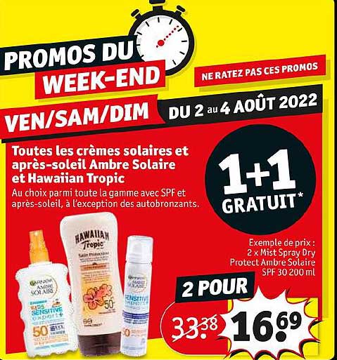 toutes les crèmes solaires et après-soleil ambre solaire et hawaiian tropic 1+1 gratuit