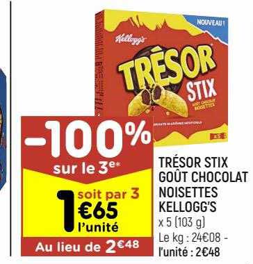 trésor stix goût chocolat noisettes kellogg's -100% sur le 3e