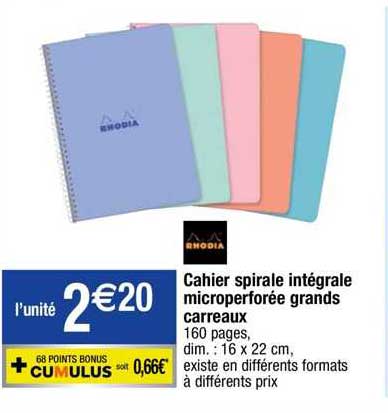 cahier spirale intégrale microperforée grands carreaux