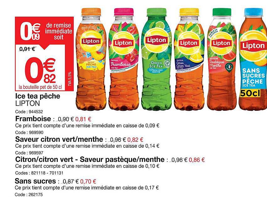 ice tea pêche lipton, framboise, saveur citron vert / menthe, citron/citron vert - saveur pastèque/menthe, sans sucres