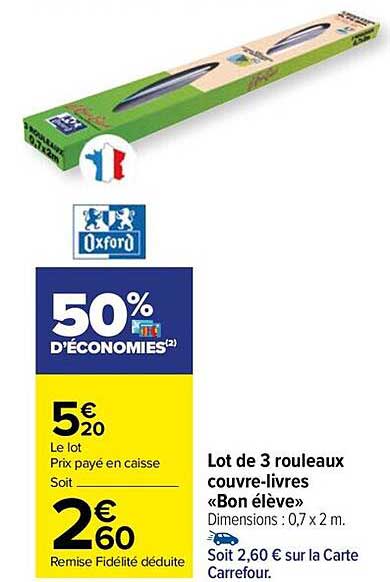 lot de 3 rouleaux couvre-livres «bien élève» oxford