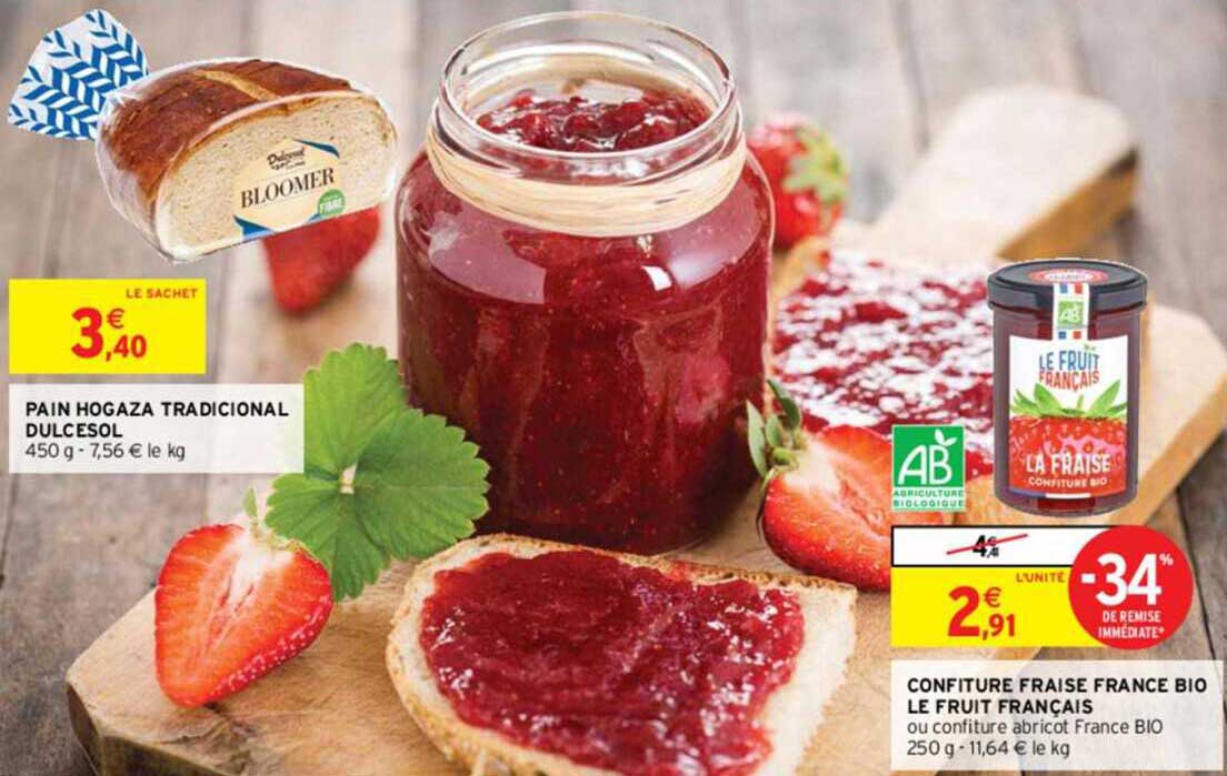pain hogaza tradicional dulcesol , confiture fraise france bio le fruit français