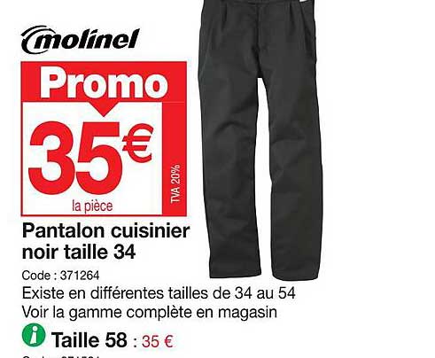 Pantalon Cuisinier Noir Taille 34 Molinel