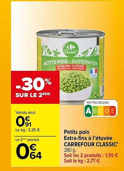 petit pois extra-fins à l'étuvées carrefour classic'