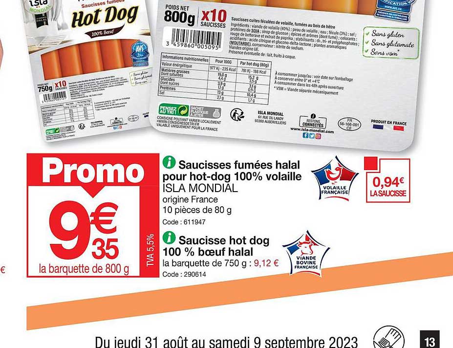 saucisses fumées halal pour hot-dog 100% volaille isla mondial, saucisse hot dog 100% bœuf halal